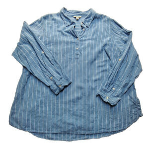 Croft & Barrow Linen Shirt Women's Plus 3X Blue Roll Tab Sleeve Tunic Blouse